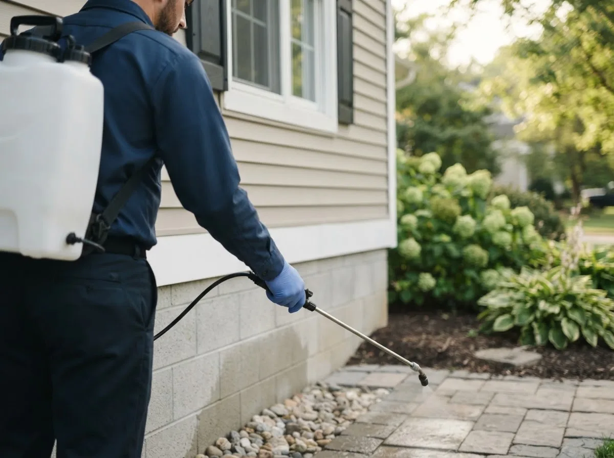 Pest control technician inspecting a home in Bridgewater, ME